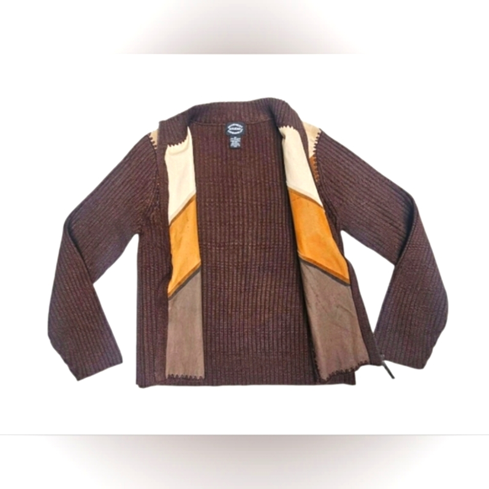 Vintage Designer Studio Western Leather Stitch Colorblock Zip up Jacket Brown - Picture 3 of 15